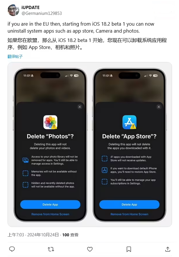 加茂镇苹果手机维修分享iOS 18.2 支持删除 App Store 应用商店 