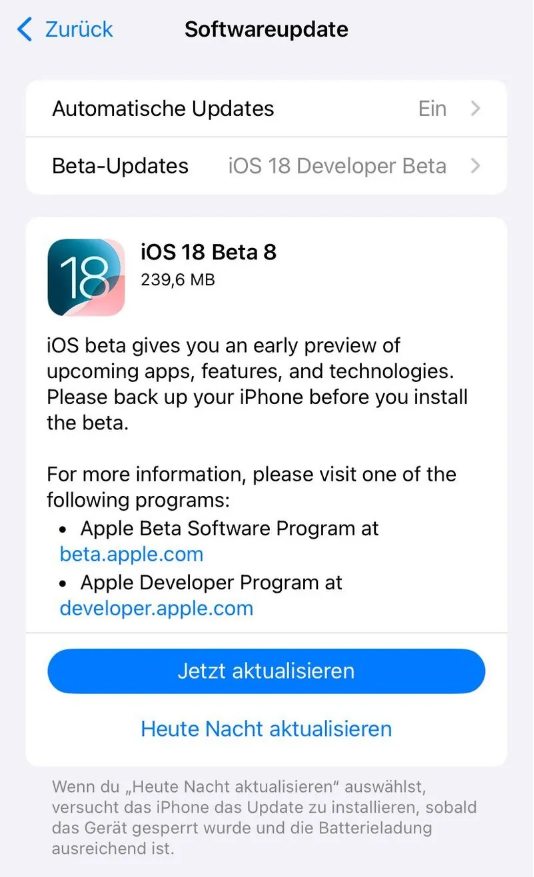 加茂镇苹果手机维修分享苹果 iOS / iPadOS 18 开发者预览版 Beta 8 发布 